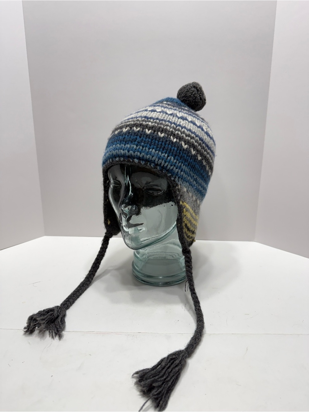 American Eagle Outfitters Blue, Gray, White & Yellow Striped Knit Earflap Hat